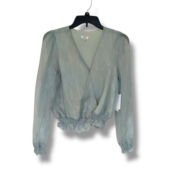 Q + A Los Angles Faux Wrap Blouse Iridescent Blue Smocked Waist Size XS NWT - Picture 1 of 9